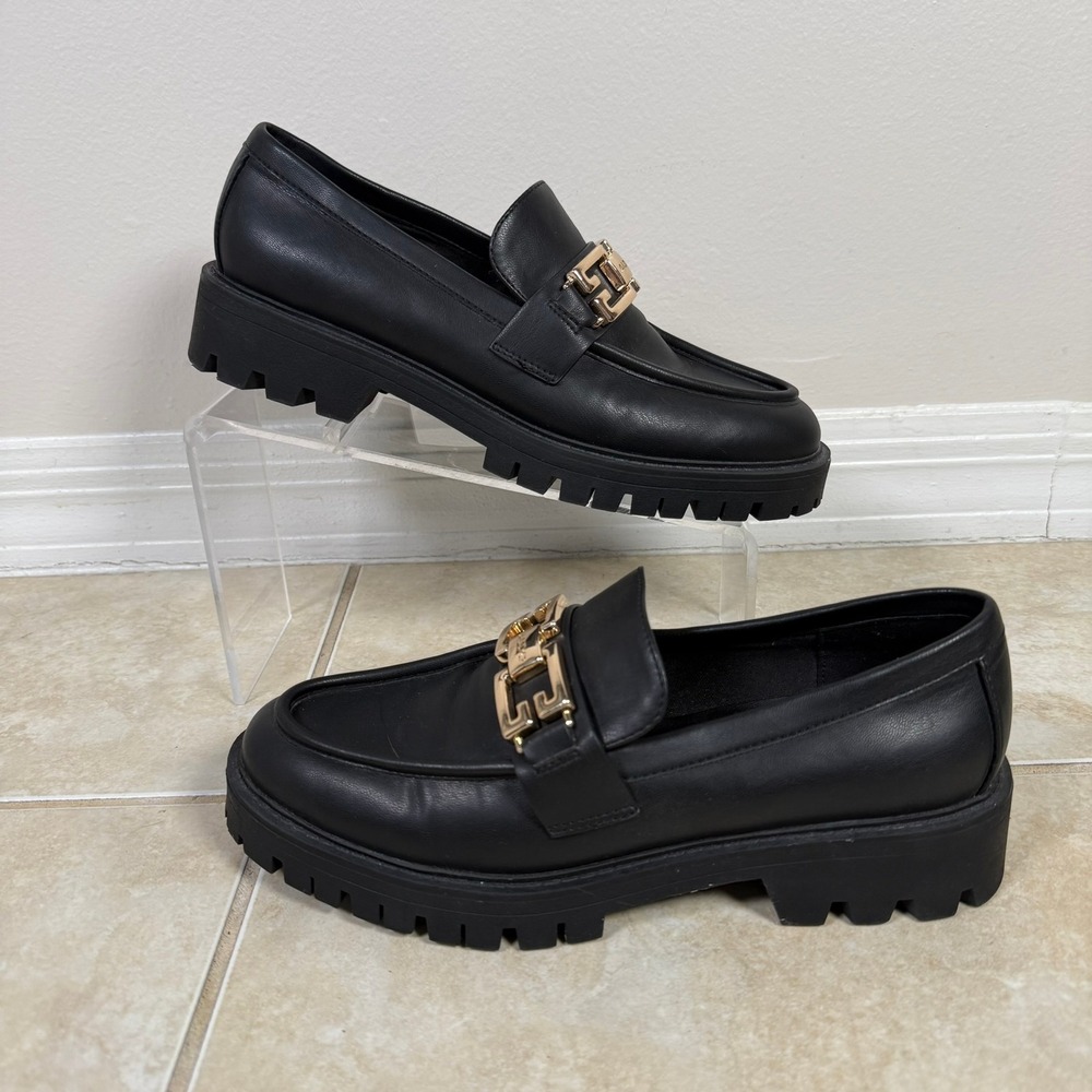 Aldo Lug Sole Loafers Womens 7 Black Gold Chain Buckle Chunky Platform